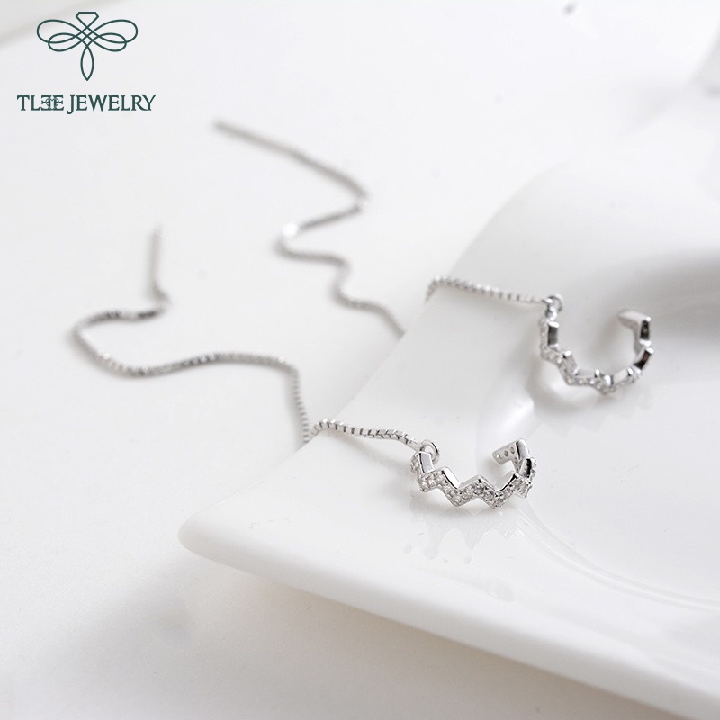 Khuyên tai bạc nữ TLEE dáng kẹp ziczac nạm đá tua dài nữ tính TleeJewelry B0202