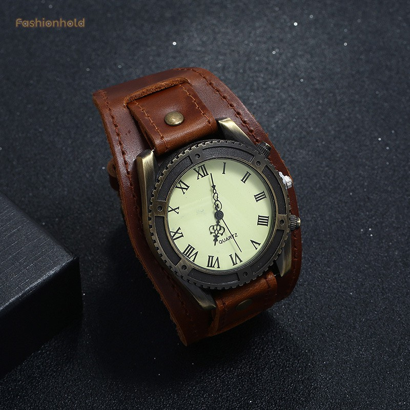 Men Watches Punk Vintage Cow Leather Wristwatch Roman Numbers Dial Casual Watch Gift