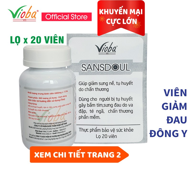 Viên giảm đau đông y Sansdoul Vioba hỗ trợ giảm đau, sưng nề, tụ huyết do chấn thương phần mềm hộp 20 viên