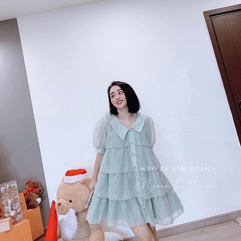 Đầm Babydoll Tơ Tầng Organza Xanh Mint