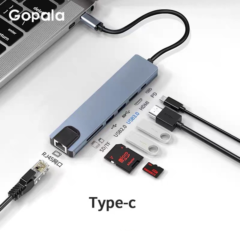 Bộ Hub Chuyển Đổi Type-C HDMI 4k 30hz Usb 3.0 Đọc Thẻ SD/TF 8 Trong 1 Hợp Kim Nhôm