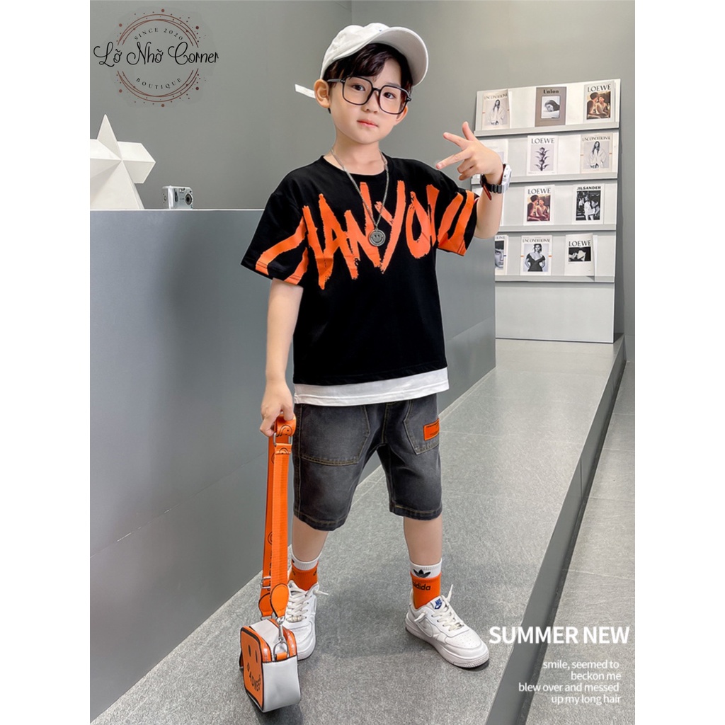Bộ quần áo bé trai 2 chi tiết quần bò cạp chun cao cấp mix áo phông thời trang size đại 4/5/6/7/8/9/10/11 tuổi 15-40kg
