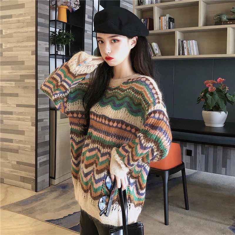 IELGY Áo sweater dệt kim mỏng dáng rộng kiểu retro phương Tây cá tính