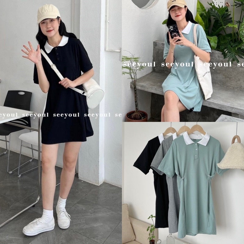 [Ảnh thật/Video] VÁY POLO CÀI EO HOT ĐỈNH Đầm polo dáng suông cách điệu eo Hàn Quốc