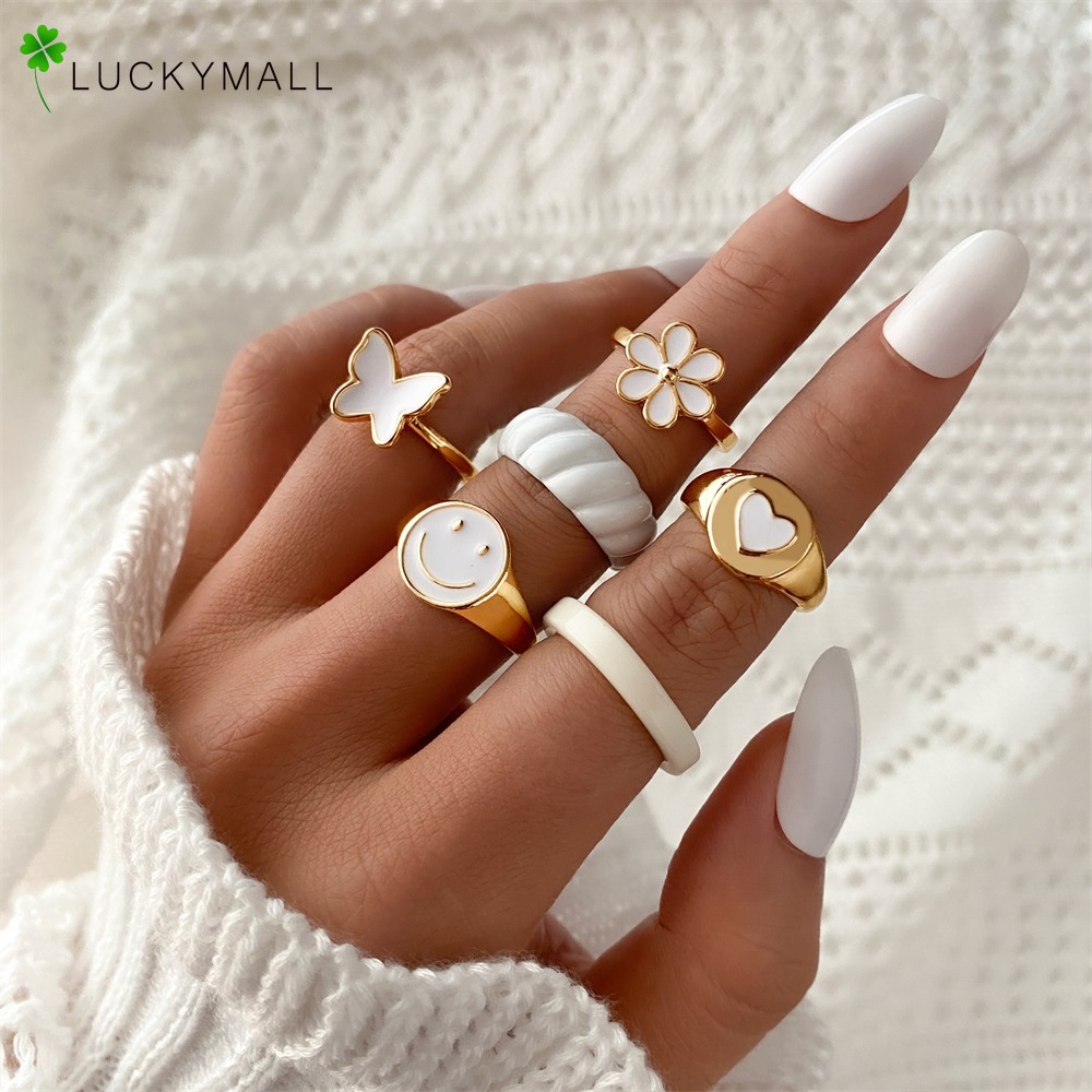 Set 6 nhẫn hình hoa cúc/bướm/tròn bằng hợp kim phong cách Hàn Quốc cá tính thời trang