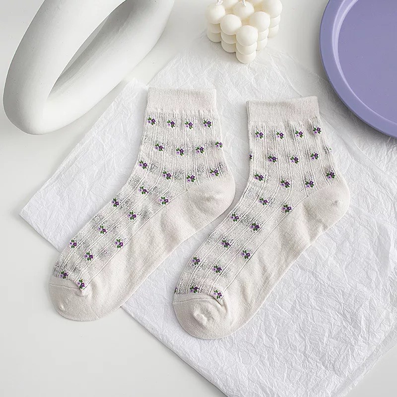 Set 5 đôi tất cổ cao Bivota vớ nữ hàn quốc hoạ tiết tím nhẹ nhàng T84