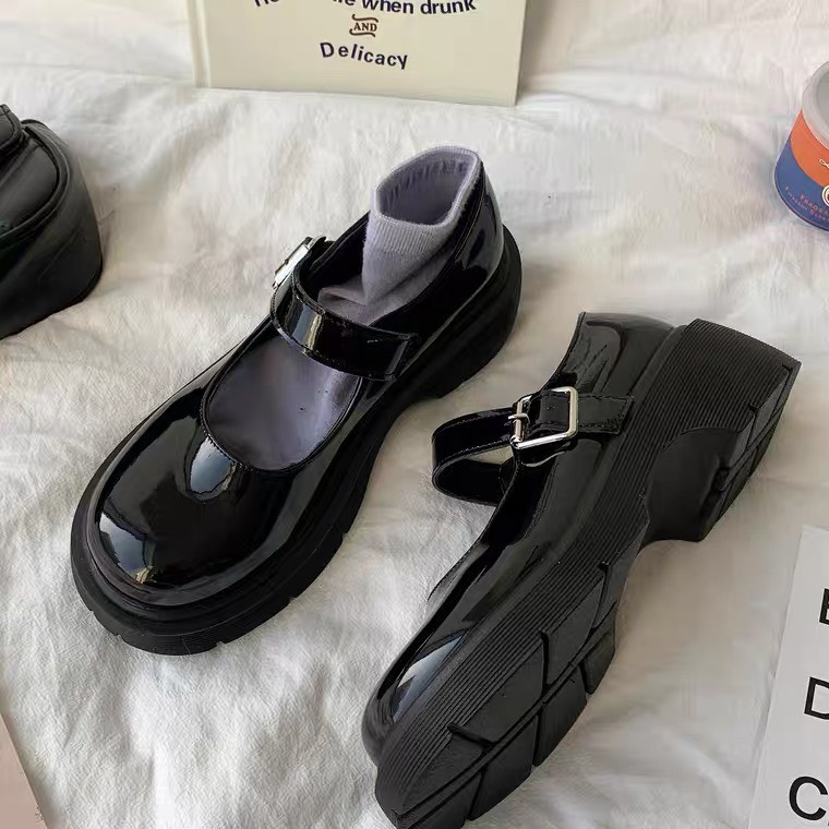 Giày Lolita nữ màu đen trắng đế cao 5cm dễ thương có quai cài tiểu thư vintage đi học đi chơi loại 1