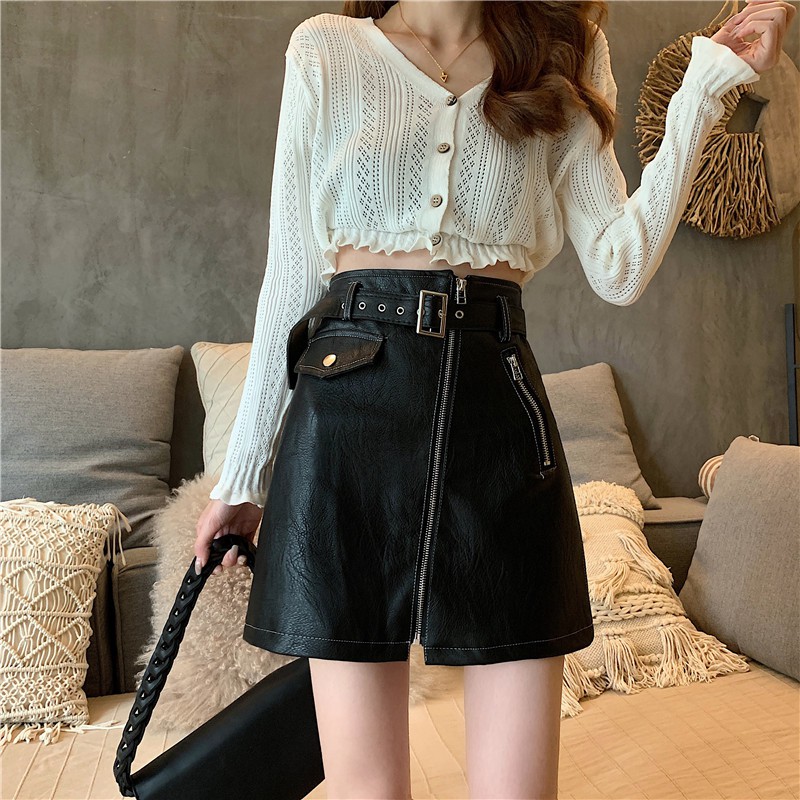 Chân Váy Da Lưng Cao Phối Thắt Lưng Phong Cách Hàn Quốc | BigBuy360 - bigbuy360.vn