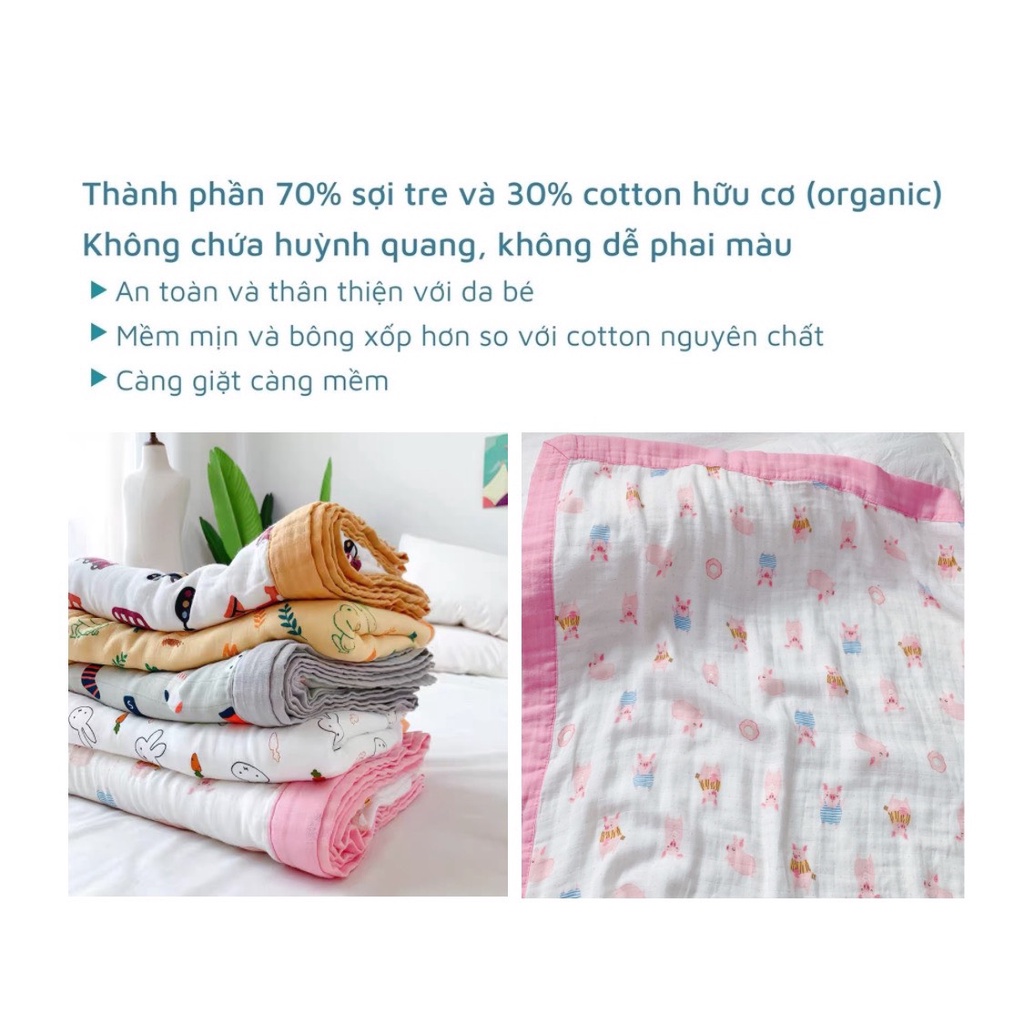 Chăn Sợi Tre cao cấp 4 Lớp Cho Bé 0 - 6 tuổi, đa năng, điều hòa nhiệt độ 4 mùa 1m2x1m2 - LittleTiger
