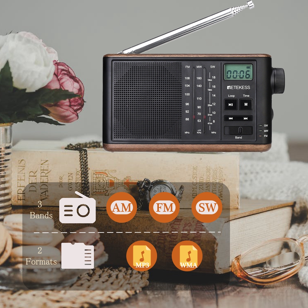 Đài radio FM/ MW/ SW Retekess TR613 hỗ trợ thẻ TF USB nhỏ gọn phong cách cổ điển cổng tai nghe 3.5mm