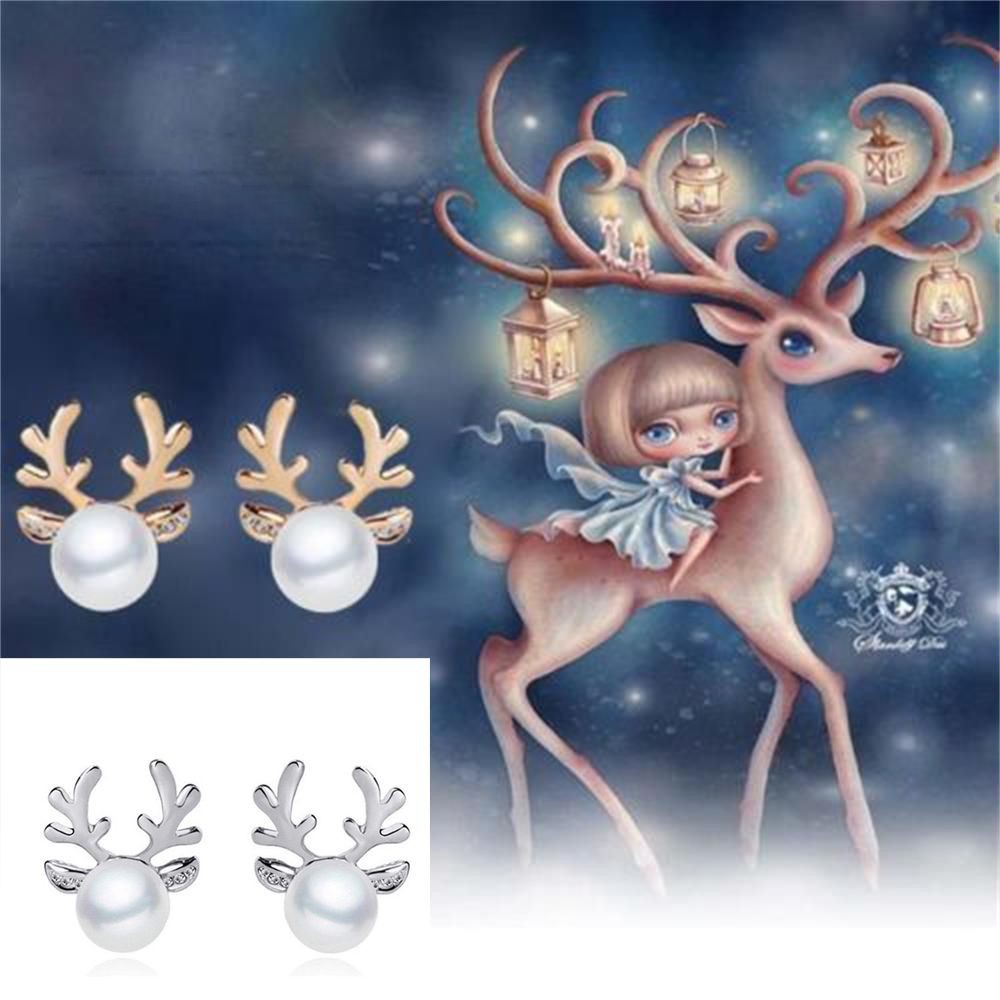 Đôi khuyên tai hình tuần lộc đính ngọc trai và đá xinh xắn