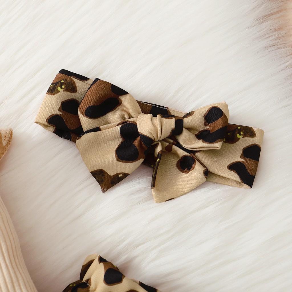 Set 3 sản phẩm Mikrdoo gồm áo liền quần tay dài có bèo nhún+quần da báo+băng đô da báo thời trang mùa thu cho bé gái