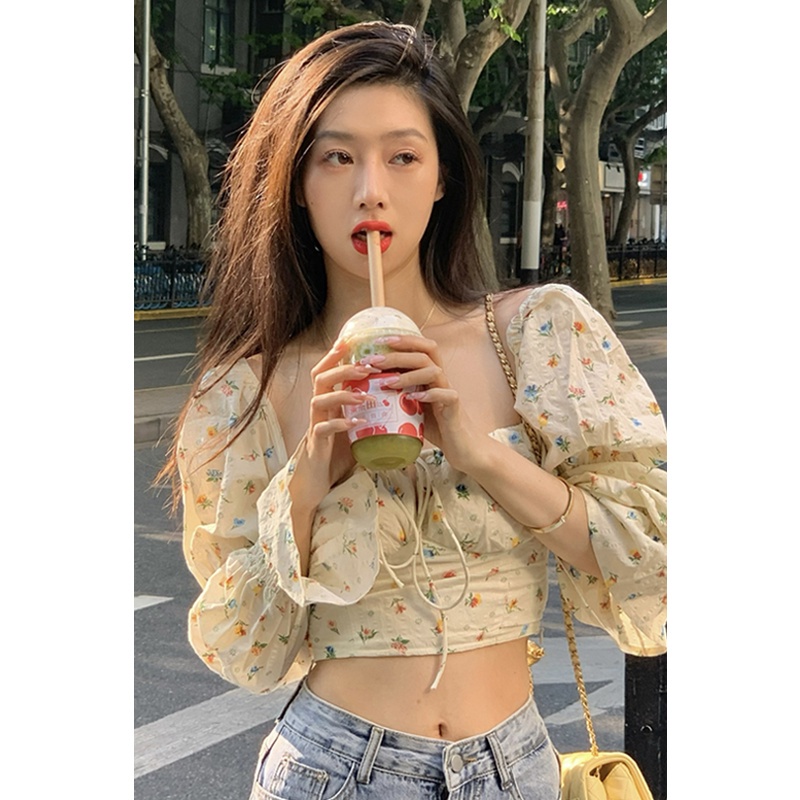QKOOLE  Áo kiểu tay dài cổ vuông in họa tiết hoa phong cách Hàn Quốc thời trang cho nữ