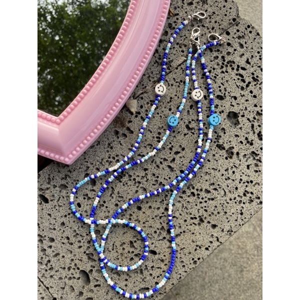 Dây đeo khẩu trang / mask chain màu xanh dương mặt cười