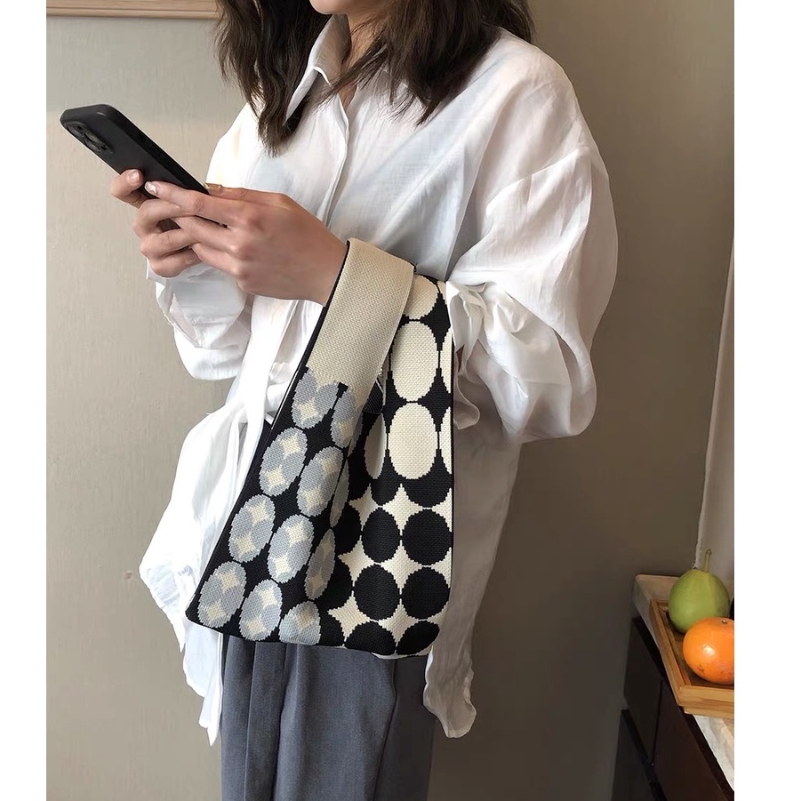 Túi Đeo Vai Đan Len Họa Tiết Sọc Caro Thời Trang Cho Nữ