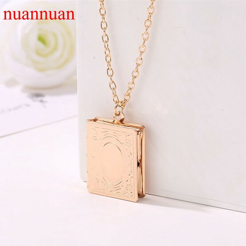 Magic Books Photo Frame Open Locket Necklaces Pendant for Women Girl Clavicle Chain Religion Devout Prayer