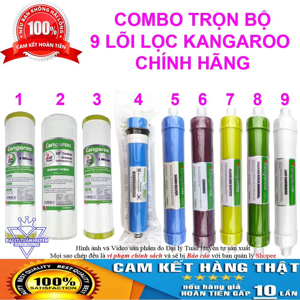 Trọn bộ Combo 9 lõi lọc nước Kangaroo chính hãng 123456789 - Lõi RO, Nano, Ceramic, Alkaline , Maifan, ORP Cartridge