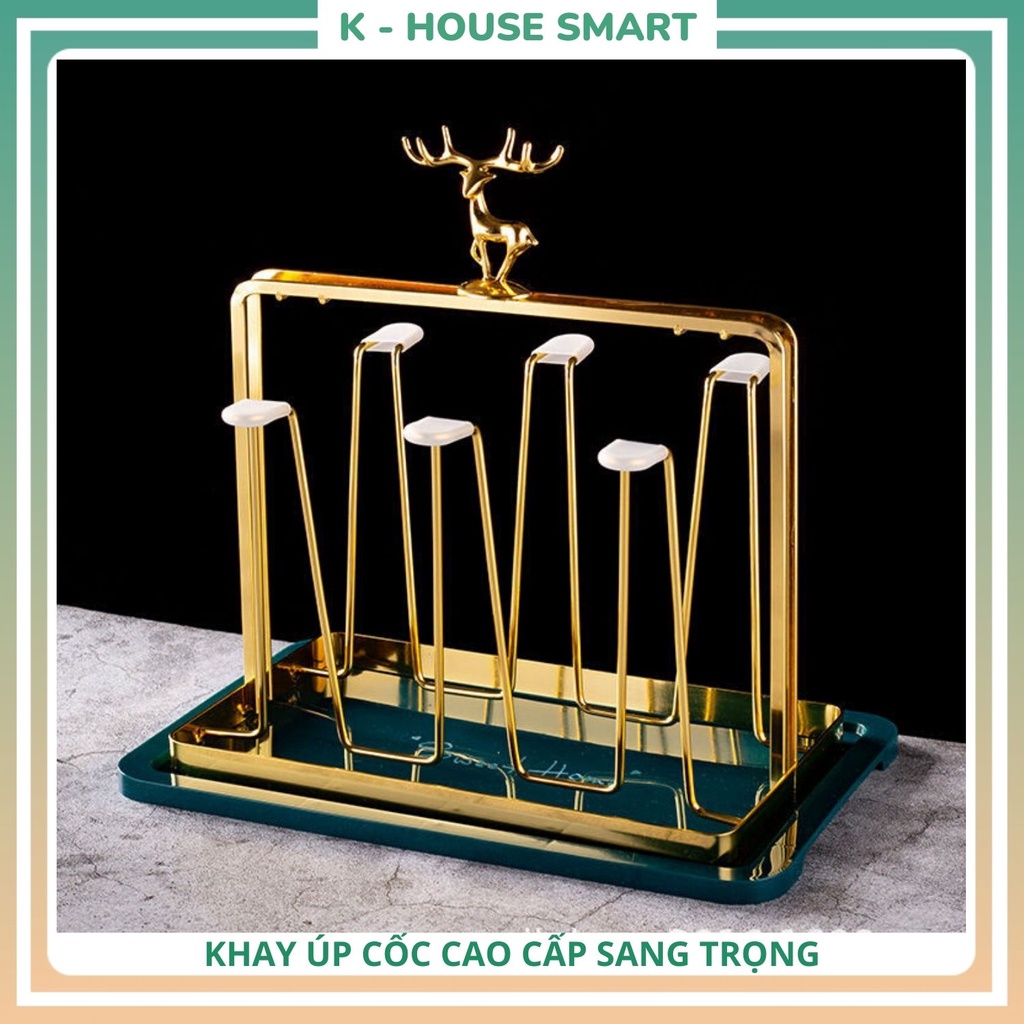 Khay đựng chén cốc kim loại cao cấp, kệ để chén hình chú tuần lộc dễ thương
