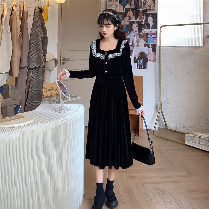 Váy babydoll Đầm Nhung Đen Dáng Dài Chiết Eo Phong Cách Hepburn Pháp Thời Trang Xuân Thu Cho Nữ