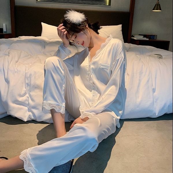 Bộ Ngủ Lụa, Bộ Mặc Nhà Pyjama Lụa Ren Tiểu Thư Dài Tay