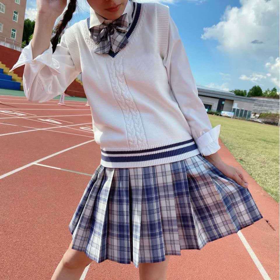 Phong cách sinh viên đại học Nhật Bản nữ JK đồng phục dệt kim áo len cổ V sơ mi xếp ly váy ba mảnh thu đông