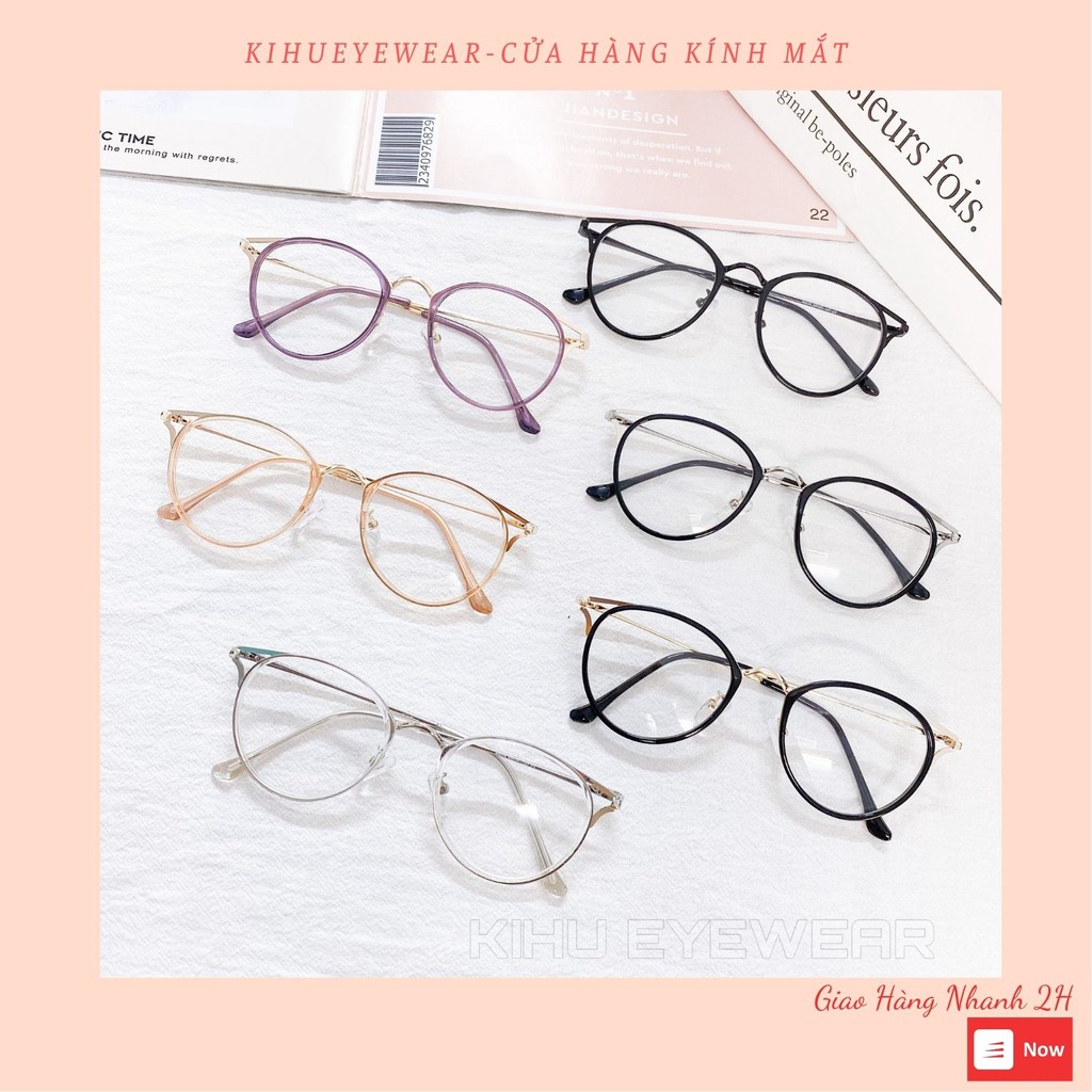 Gọng kính cận nam nữ KIHU EYEWEAR chống ánh sáng xanh dáng tròn mắt mèo chất liệu kim loại nhiều màu - 90029