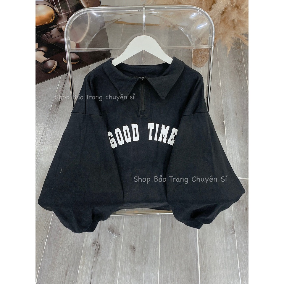 Áo Polo Chất Nỉ Tăm Cổ Bẻ Nam Nữ Phối Cổ Unisex Chữ Good Time Basic Kiểu Dáng Hàn Quốc