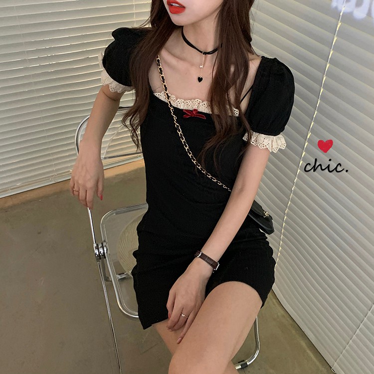 Xiaozhainv Đầm Tay Ngắn Cổ Vuông Phối Ren Phong Cách Hàn Quốc | BigBuy360 - bigbuy360.vn