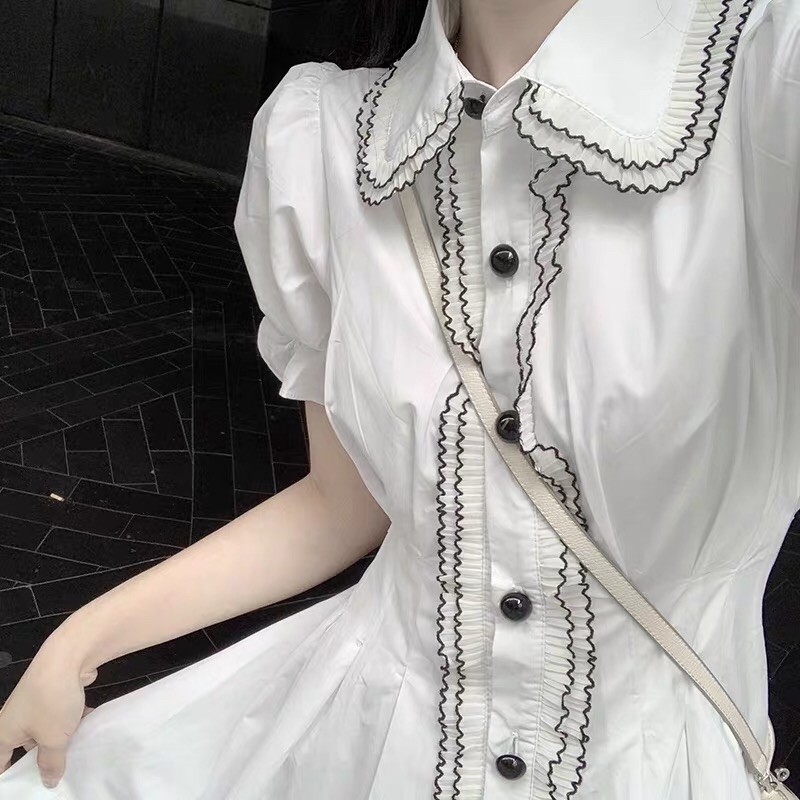 Đầm Sơ Mi Trắng Cổ Bèo Viền Đen Nhún Eo