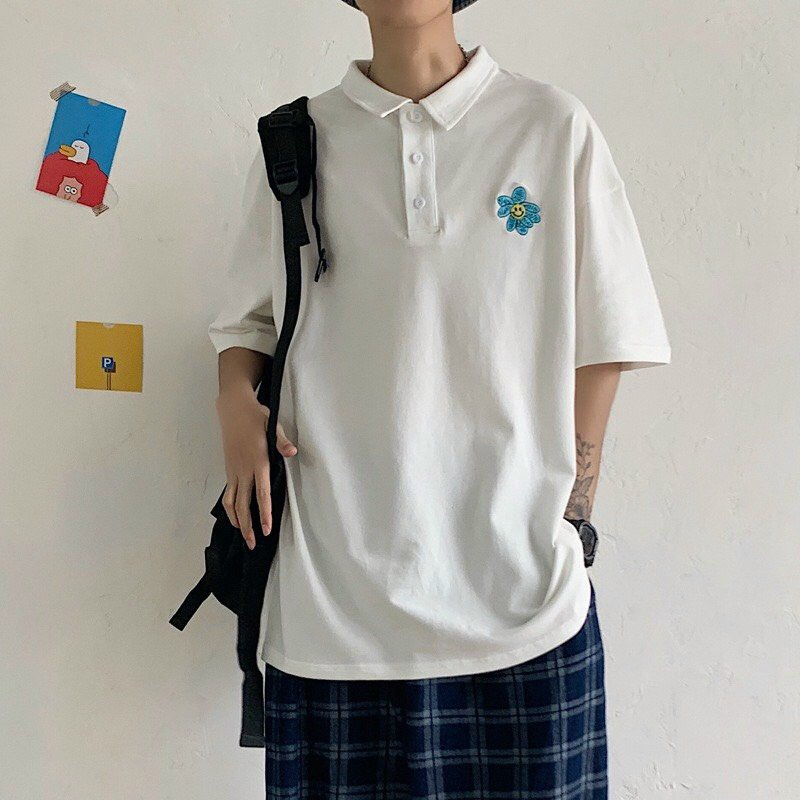 Áo thun polo nam nữ unisex tay lỡ HOA CÚC oversize 2 màu trắng đen cotton dáng xuông | BigBuy360 - bigbuy360.vn