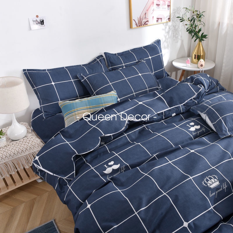 Bộ Chăn Ga Gối, Ga Giường Cotton Poly 5 Món M2, M6, M8, 2M2 Kẻ Hàn Quốc, bo chun drap giường miễn phí - Queen Décor | BigBuy360 - bigbuy360.vn
