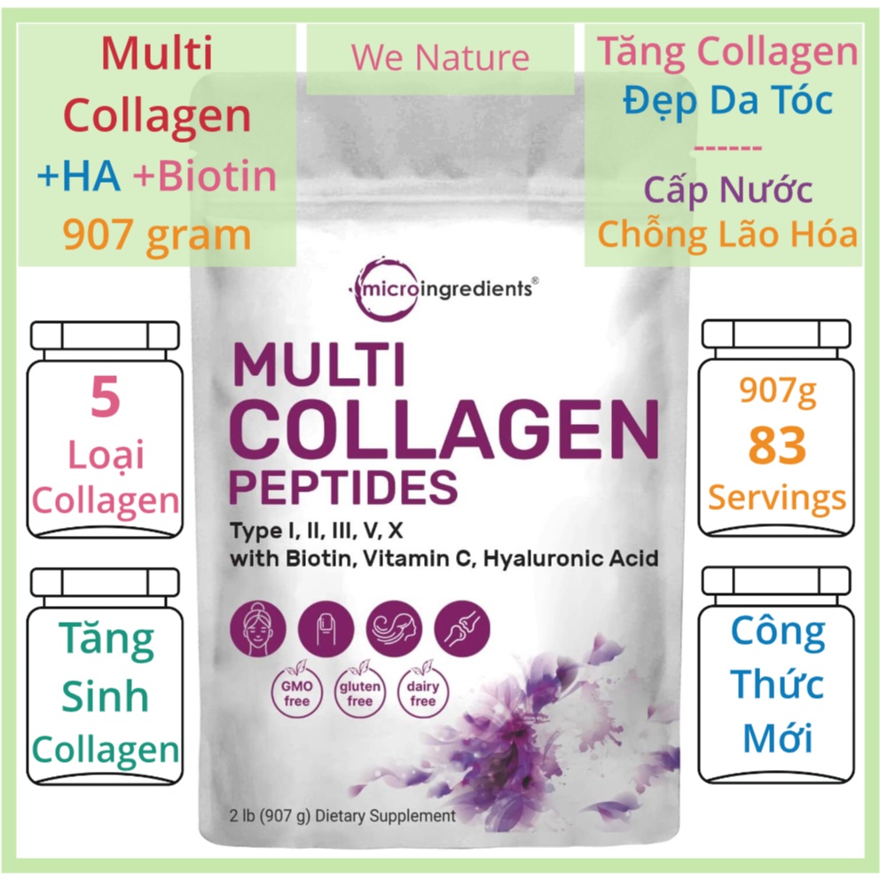 Multi Collagen Thủy Phân - Hyaluronic Acid - Cấp Nước - Biotin- 907 gram - 83 servings - Micro Ingredients