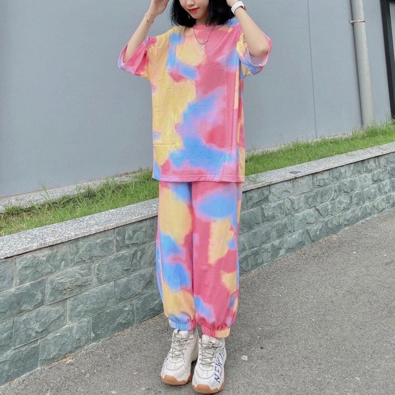 Bộ Thun Loang Màu Trơn Ảnh Thật(Quần Jogger-Thun Tay Lửng)