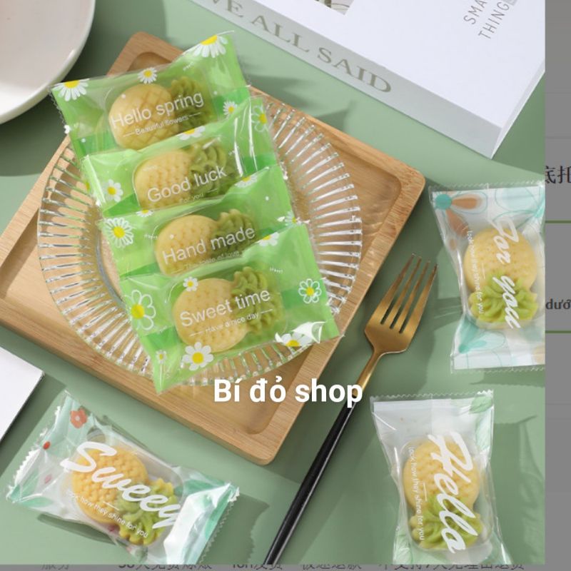Túi 7*12 cm - Set 100 túi bánh dứa, hạnh nhân bánh gạo lứt TRONG SUỐT CÚC TRẮNG NỀN XANH hàn miệng