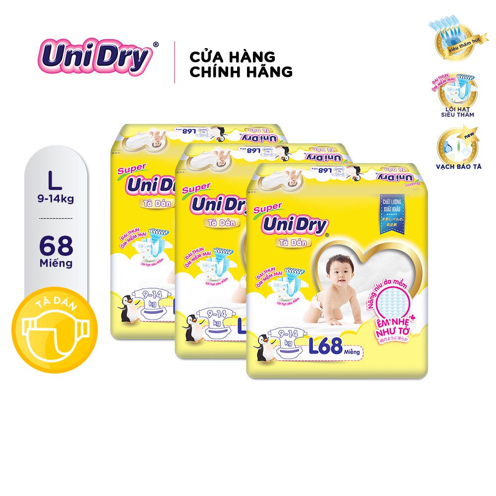 Combo 3 Tã dán UniDry Siêu khô thoáng gói Super Jumbo size M76/L68/XL62