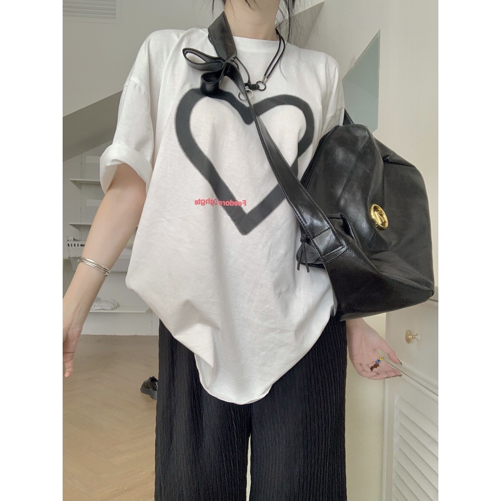 Áo Thun cotton Tay Ngắn Cổ Tròn In Họa Tiết Trái Tim Thời Trang Phong Cách Hàn Quốc Cho Nữ