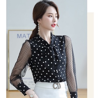 Áo sơ mi công sở chấm bi thắt nơ xinh xắn