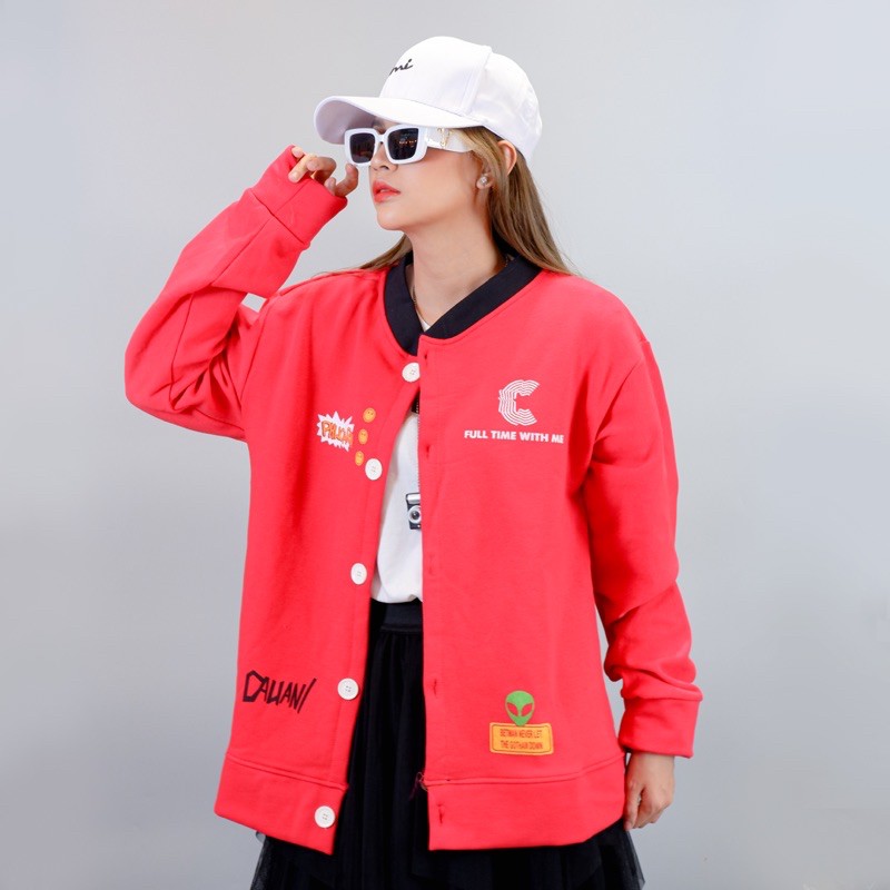 Áo khoác bomber nam nữ nỉ bông form rộng unisex dạng áo bóng chày in LOGO C - CANDA 3376