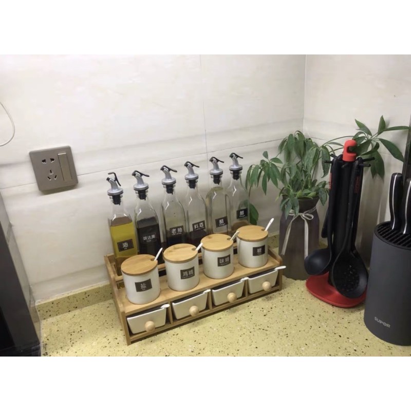 ( có sẵn )Bộ đồ đựng gia vị thuỷ tinh + sứ trắng phong cách hiện đại | BigBuy360 - bigbuy360.vn