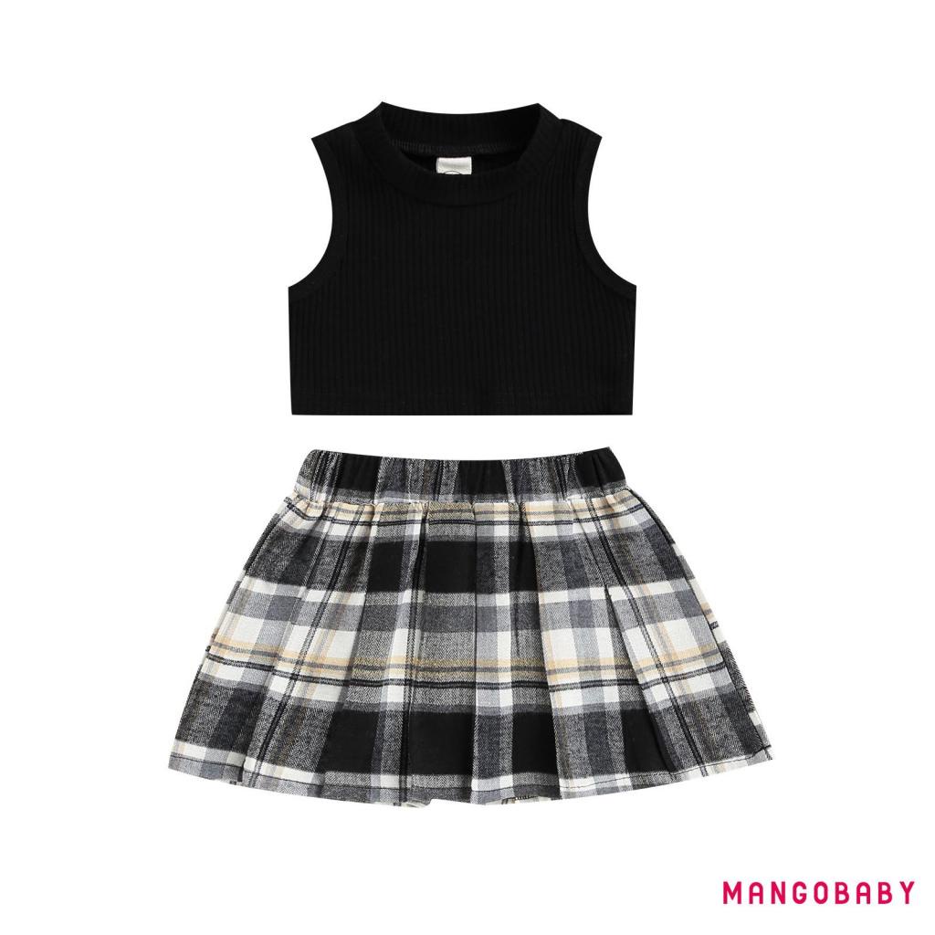 Bộ áo sát nách sọc gân màu trơn và chân váy xếp ly lưng thun sọc caro màu sắc tương phản thời trang cho bé gái