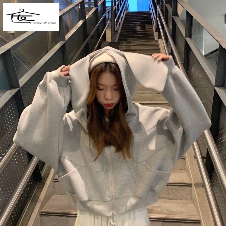 Áo Hoodie Ngắn Dáng Rộng In Hình Tai Thỏ Dễ Thương Thời Trang Mùa Thu Cho Nữ