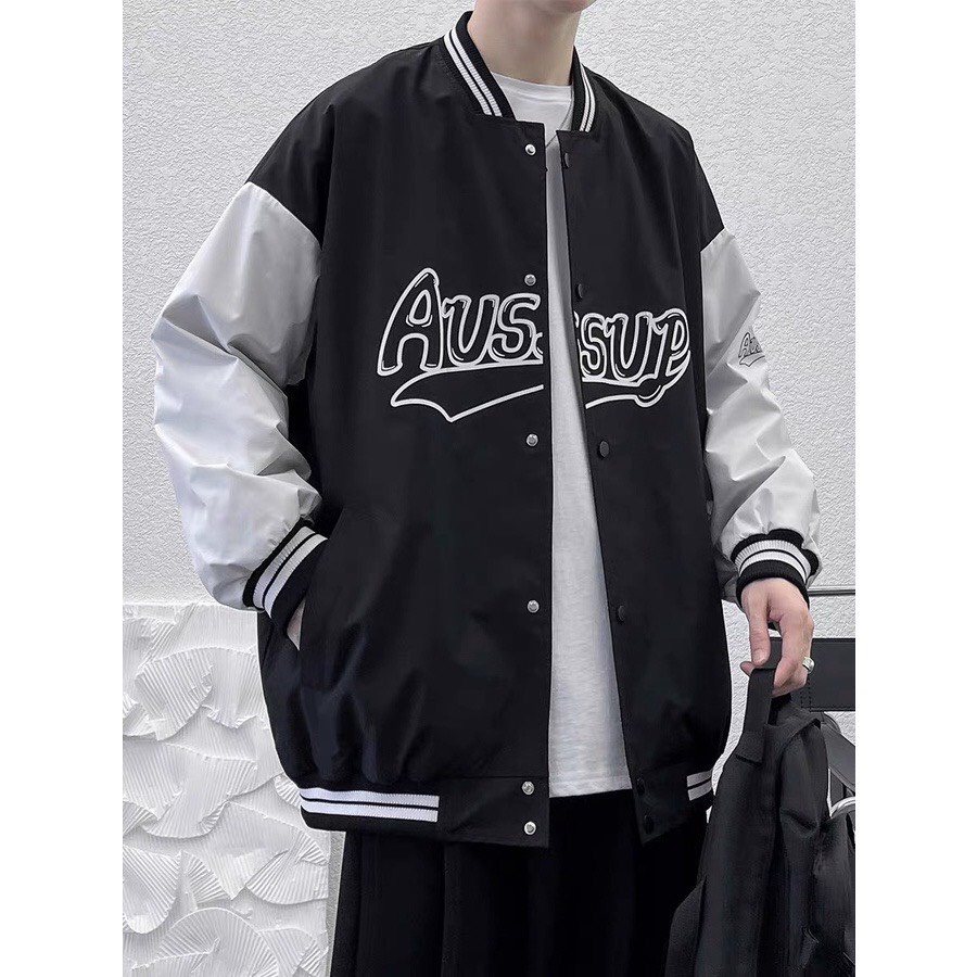 Áo Khoác Bomber Jacket Dù 2 Lớp AUSSUP Varsity Form Rộng Nam Nữ Unisex Phong Cách Hàn Quốc Ulzzang