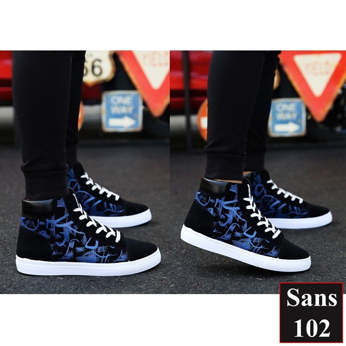 Giày boot nam bốt cổ cao Sans102 sneaker thể thao tăng chiều cao 6cm boots trẻ trung hàn quốc buộc dây họa tiết cá tính