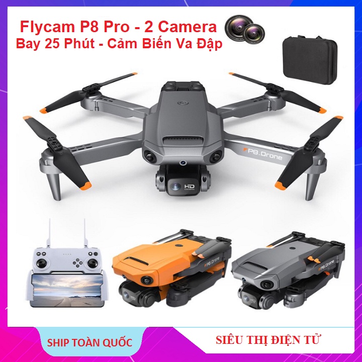 Flycam P8 Pro, 2 Camera WIFI FPV HD - Tặng Túi Chống Sốc - Tránh Va Đập - Máy Bay Điều Khiển FPV - Bay Tối Đa 25 Phút