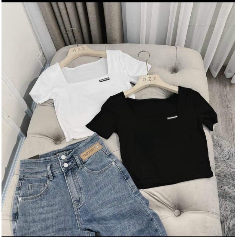 Áo croptop logo cổ vuông tay ngắn chất thun gân phong cách Hàn Quốc dễ thương, áo croptop xinh | BigBuy360 - bigbuy360.vn