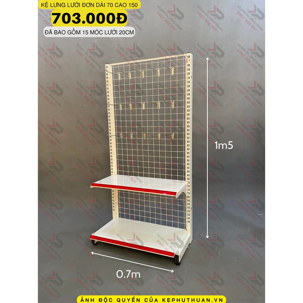 Kệ Móc Lưới Đơn (1 Mặt) Dài 70 x Rộng 35 x Cao 150 x 2 Tầng x 15 Móc Lưới 20cm