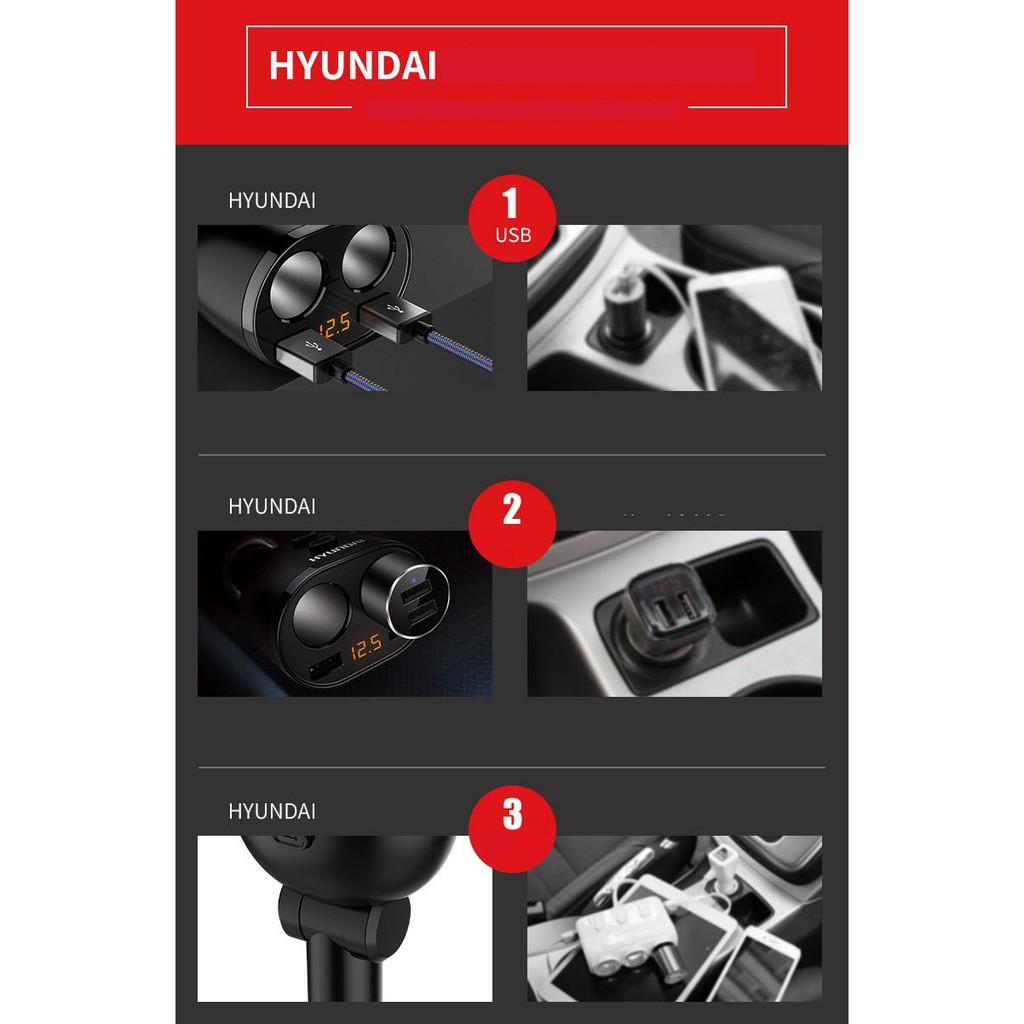 Tẩu Chia Ra 2 Cổng Tẩu Và 2 Cổng Usb Chính Hãng Hyundai ( Mẫu 2 Oval)