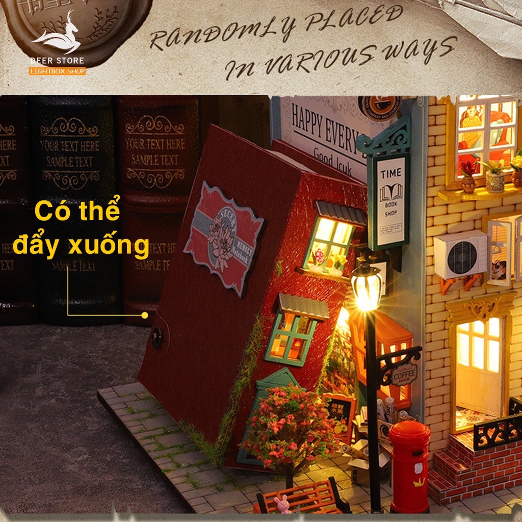 Mô hình Cafe sách Nhà búp bê tự làm bằng gỗ tự làm. Tặng Dụng Cụ và 2 bình KEO. ES007 Mô hình Book Villa Lighbox shop