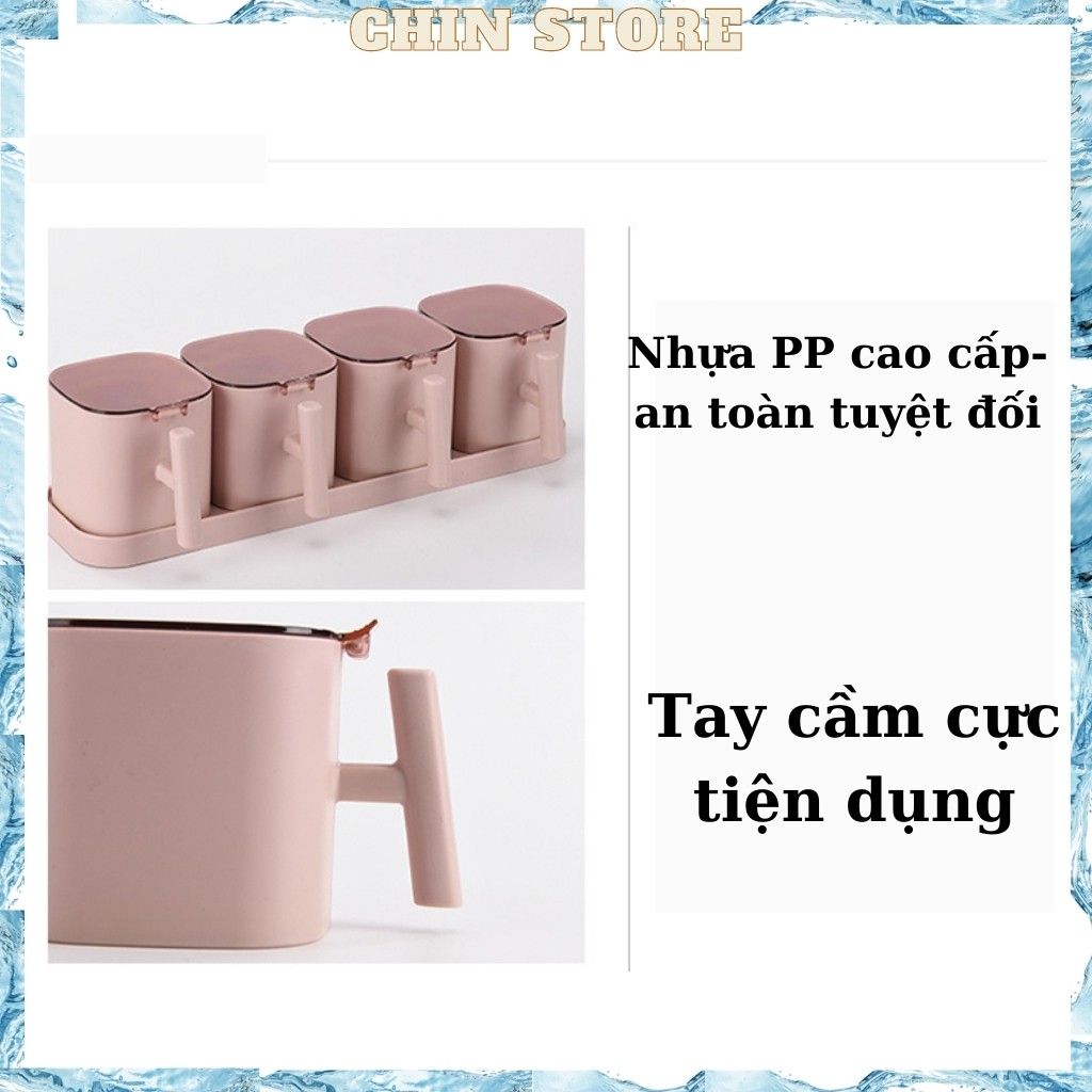 Lọ đựng gia vị, hũ đựng gia vị nhà bếp cao cấp có nắp, có khay đựng và thìa chống ẩm, chống dầu mỡ