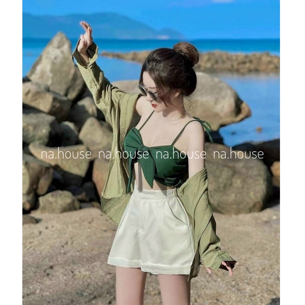 SET ĐI BIỂN ĐI CHƠI 3 MÓN NAHOUSE SET BỘ ĐÙI NỮ ÁO SƠ MI MIX QUẦN KÈM BRA XANH CÓ MÚT NGỰC THIẾT KẾ ĐẸP VÀ XINH XẮN